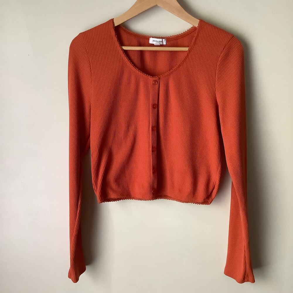 Stitch & Pine Orange Womens Long Sleeve Button-Up Waffle Knit Crop Top XL